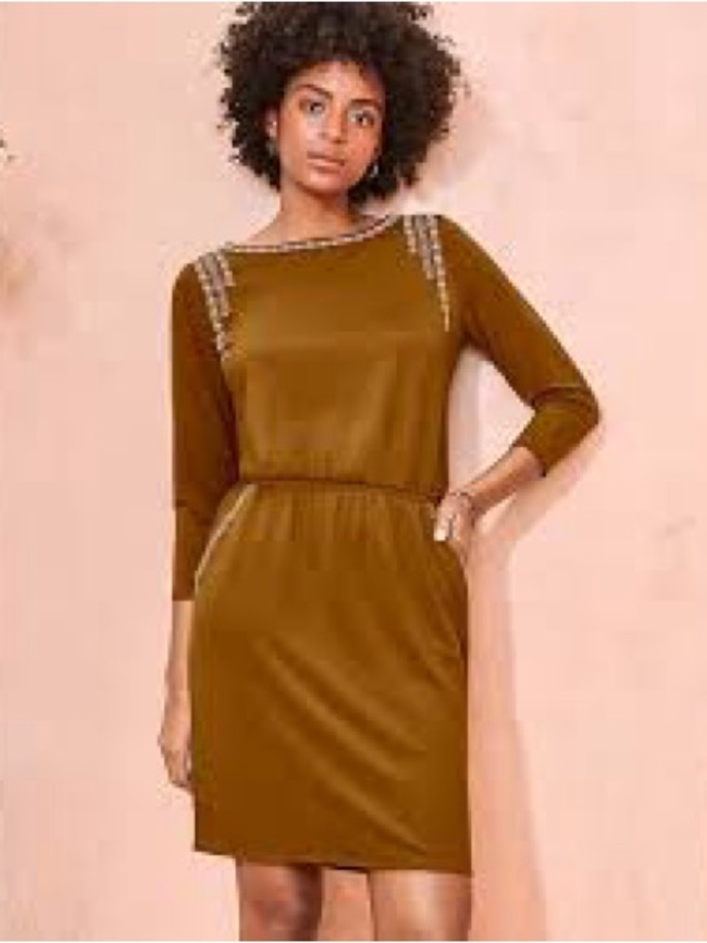 Garnet Hill Knit Dress Womens Small Brown Embroidered Elastic Waist